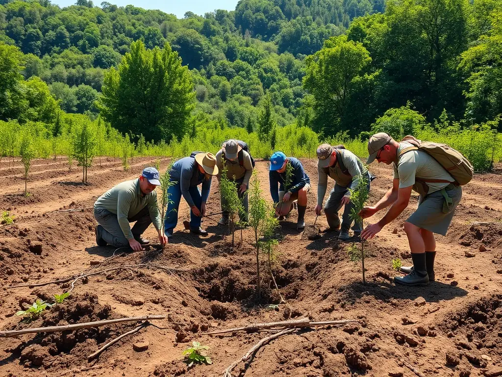 A photograph of a group of volunteers participating in a tree-planting activity in a deforested area, illustrating SOCIETE DES CHASSEURS DE LA COMMUNE DE VEYRIERES's commitment to reforestation and habitat preservation.