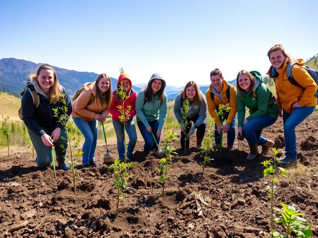 A group of volunteers planting trees in a deforested area, symbolizing habitat restoration efforts by SOCIETE DES CHASSEURS DE LA COMMUNE DE VEYRIERES.