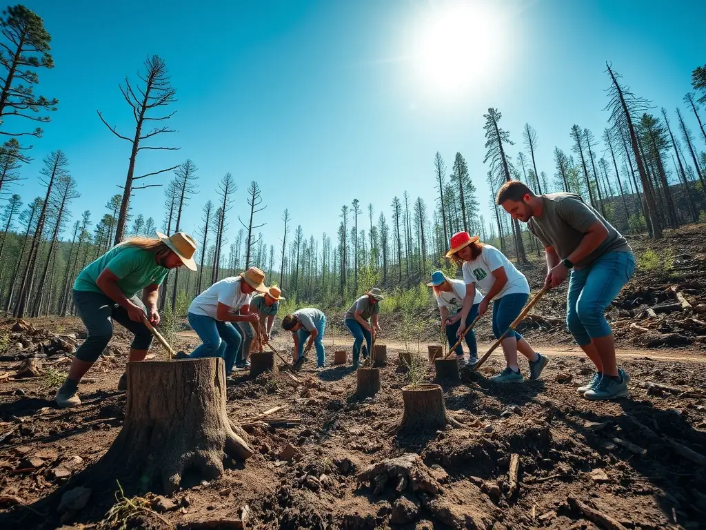 A group of volunteers planting trees in a deforested area, illustrating habitat restoration efforts by SOCIETE DES CHASSEURS DE LA COMMUNE DE VEYRIERES.